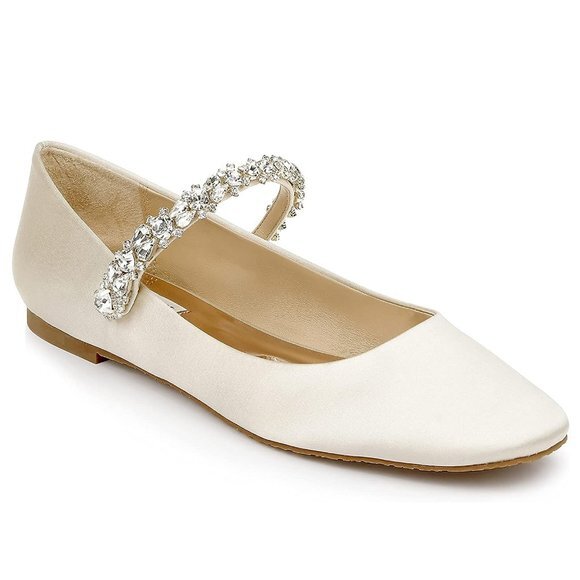 Badgley Mischka Size 11 Tevin Ivory Satin Jeweled‎ Mary Jane Ballet Flats Shoes - Picture 1 of 13